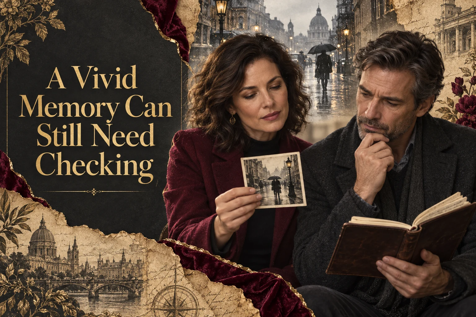 Two adults examine a photograph and diary against a layered city memory, beside the article title.