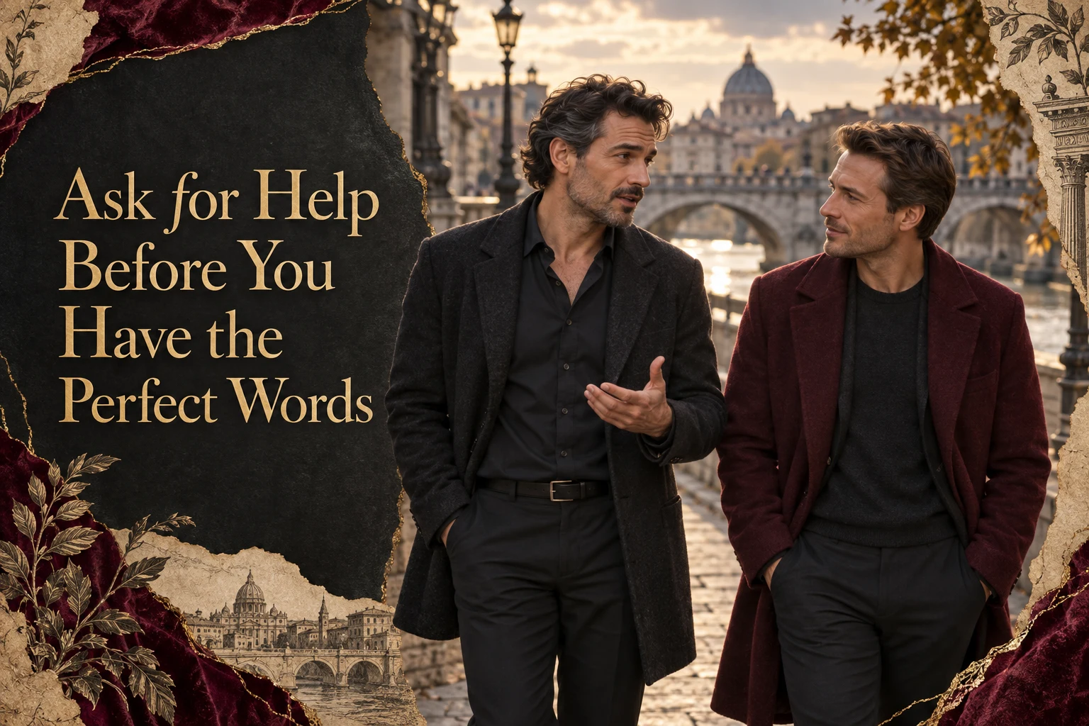 Two adult male friends talk beside a river, with the article title.