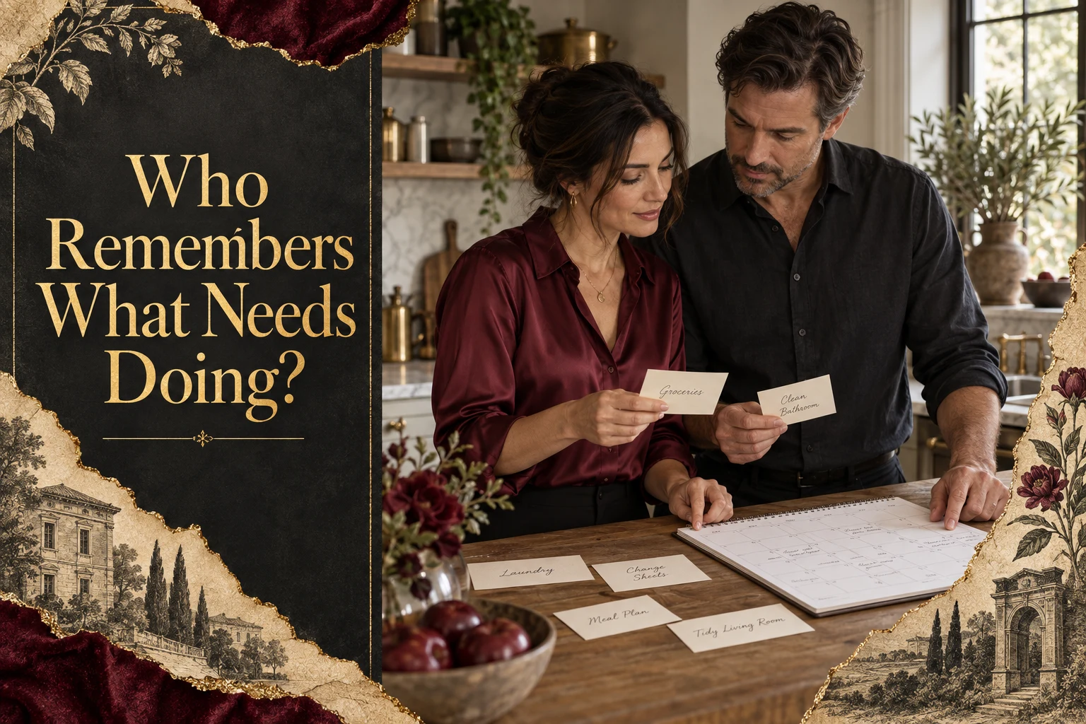 An adult couple reviews household task cards and a calendar beside the article title.