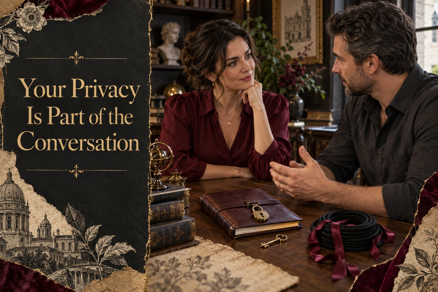Two adults discuss privacy beside a locked journal, key and unused coiled cord with silk ribbon.