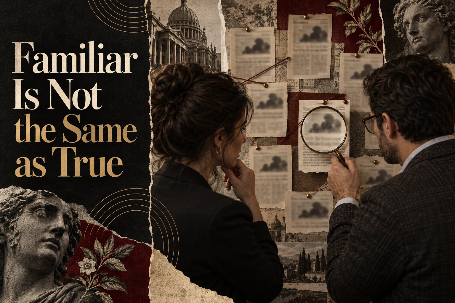 Two adults inspect repeated clippings and a source card with a magnifying glass beside the article title.