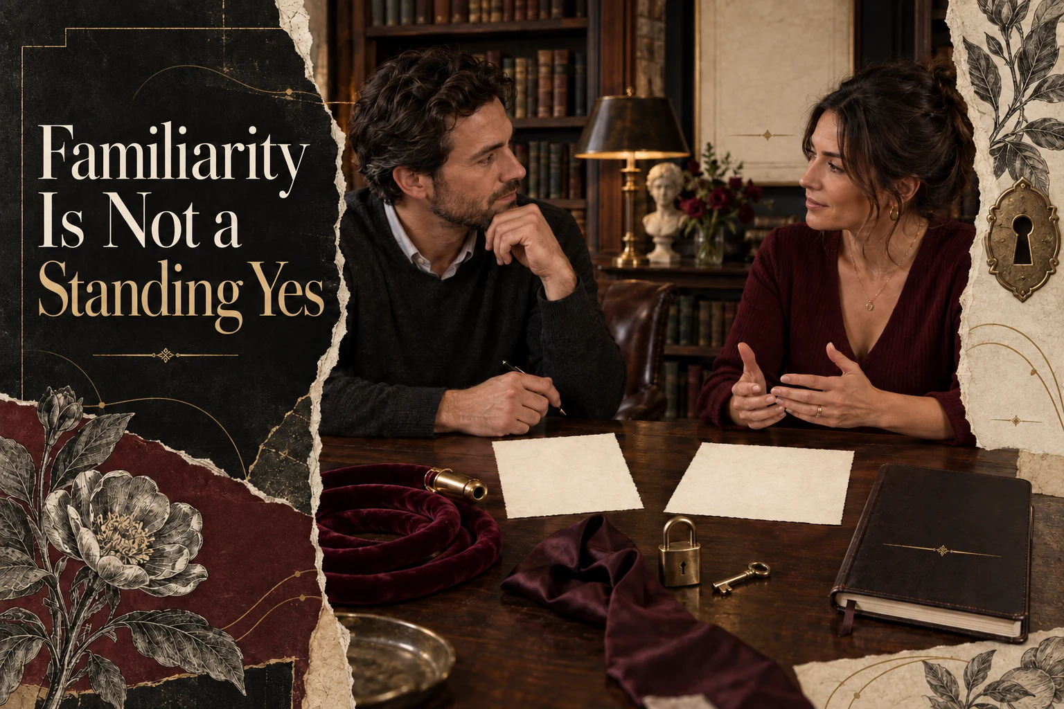 Two adults discuss boundaries beside velvet rope, a silk tie, a brass lock and key, and the article title.