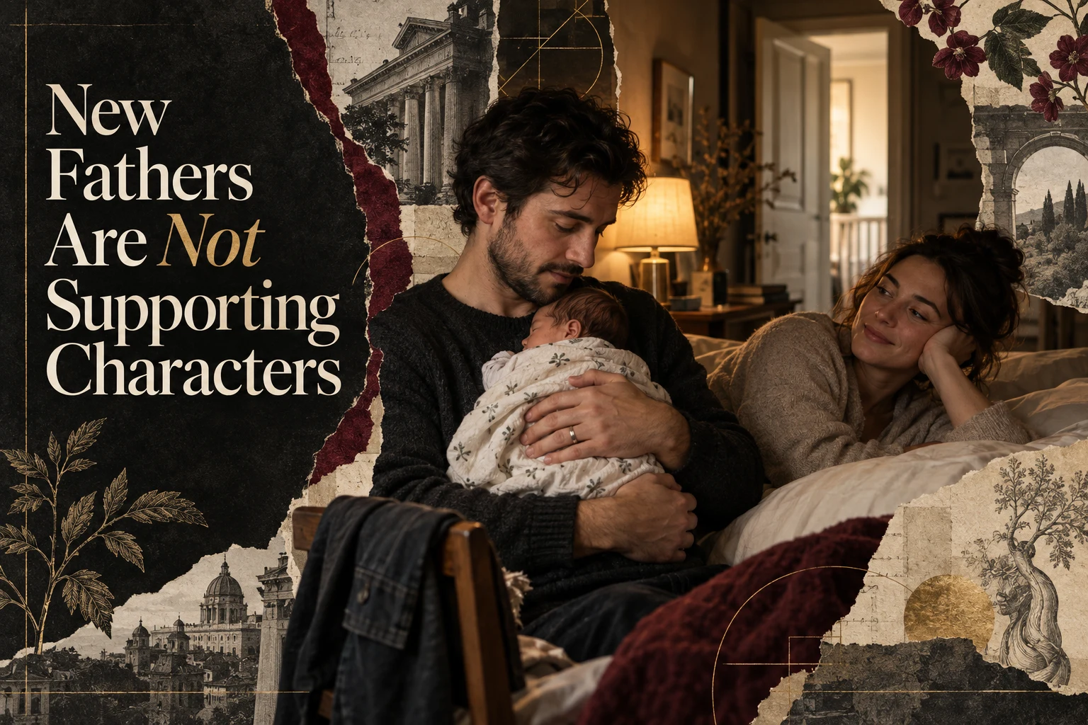 An adult father holds a newborn while his partner rests nearby, beside the article title.