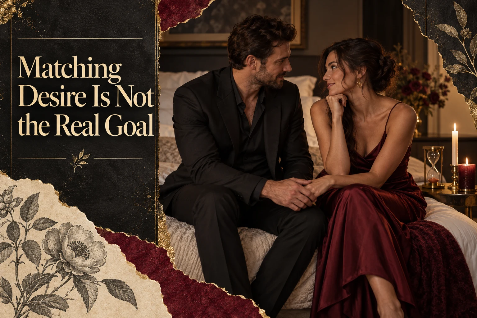 A fully clothed adult couple talks warmly beside an hourglass and differently lit candles and the article title.