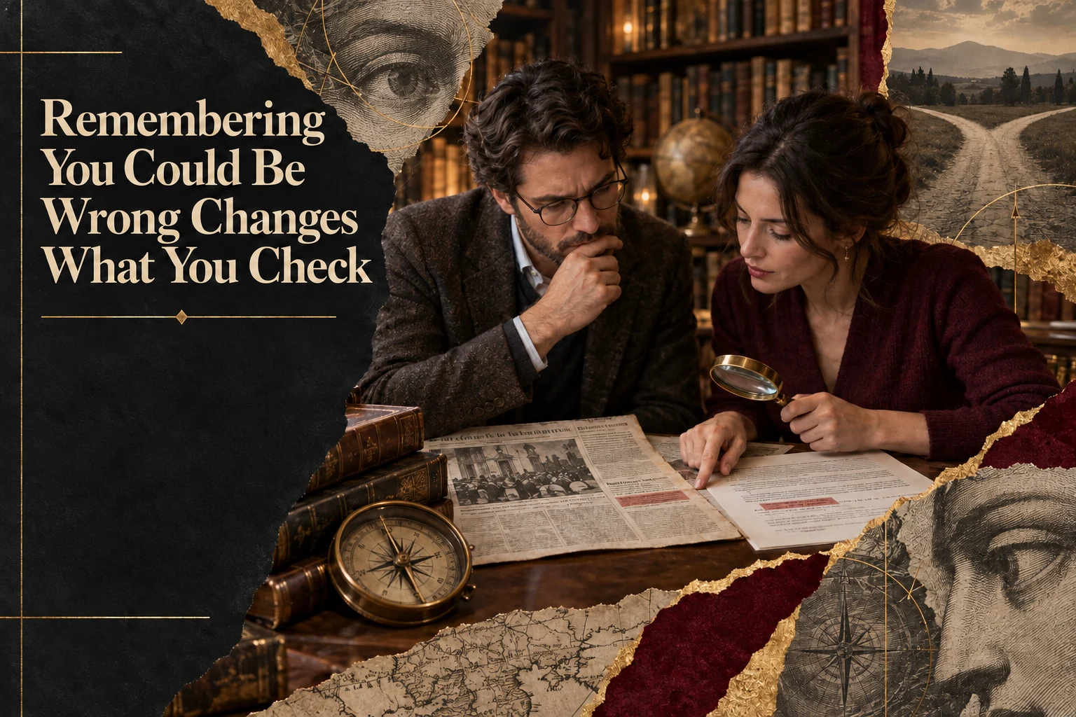 Two adults inspect a source document with a magnifying glass and compass beside the article title.