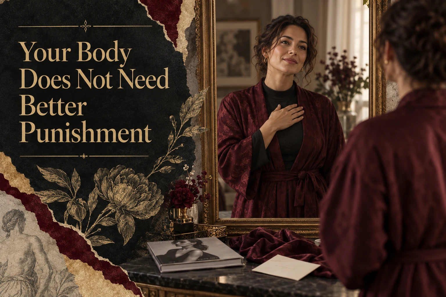 An adult woman meets her reflection with a hand over her heart beside the article title.
