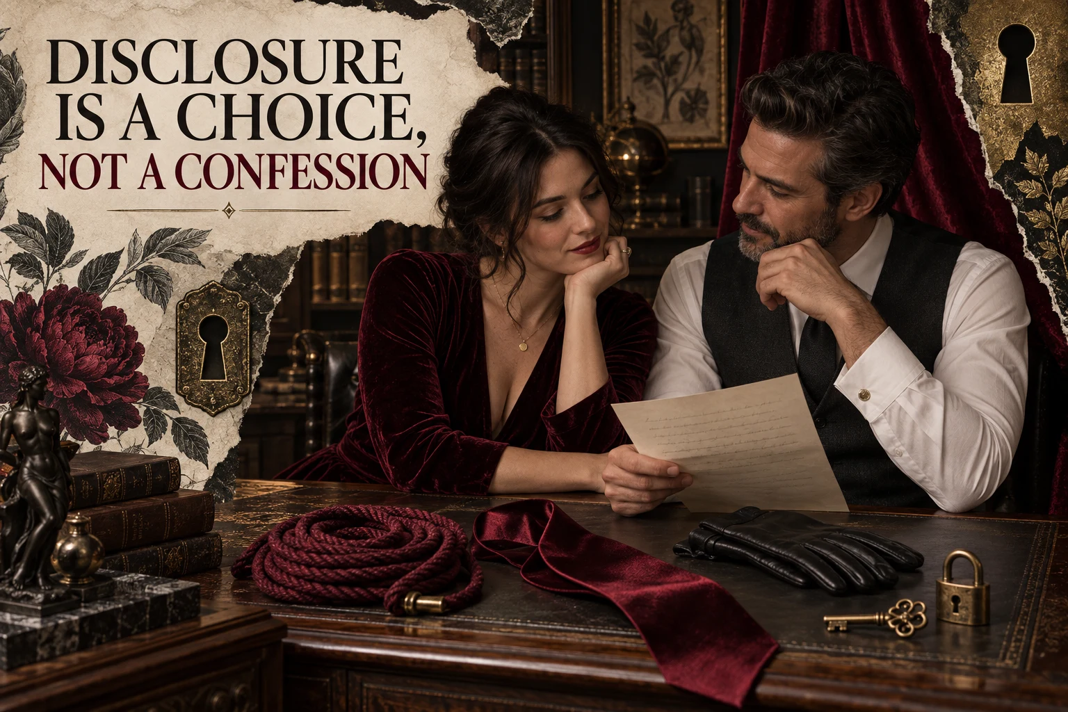 Two adults discuss an open letter beside unused rope, silk, a lock, key, gloves and the article title.