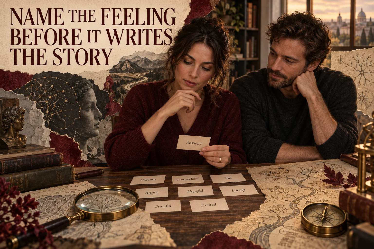 Two adults sort emotion cards beside a magnifying glass, maps, compass and the article title.