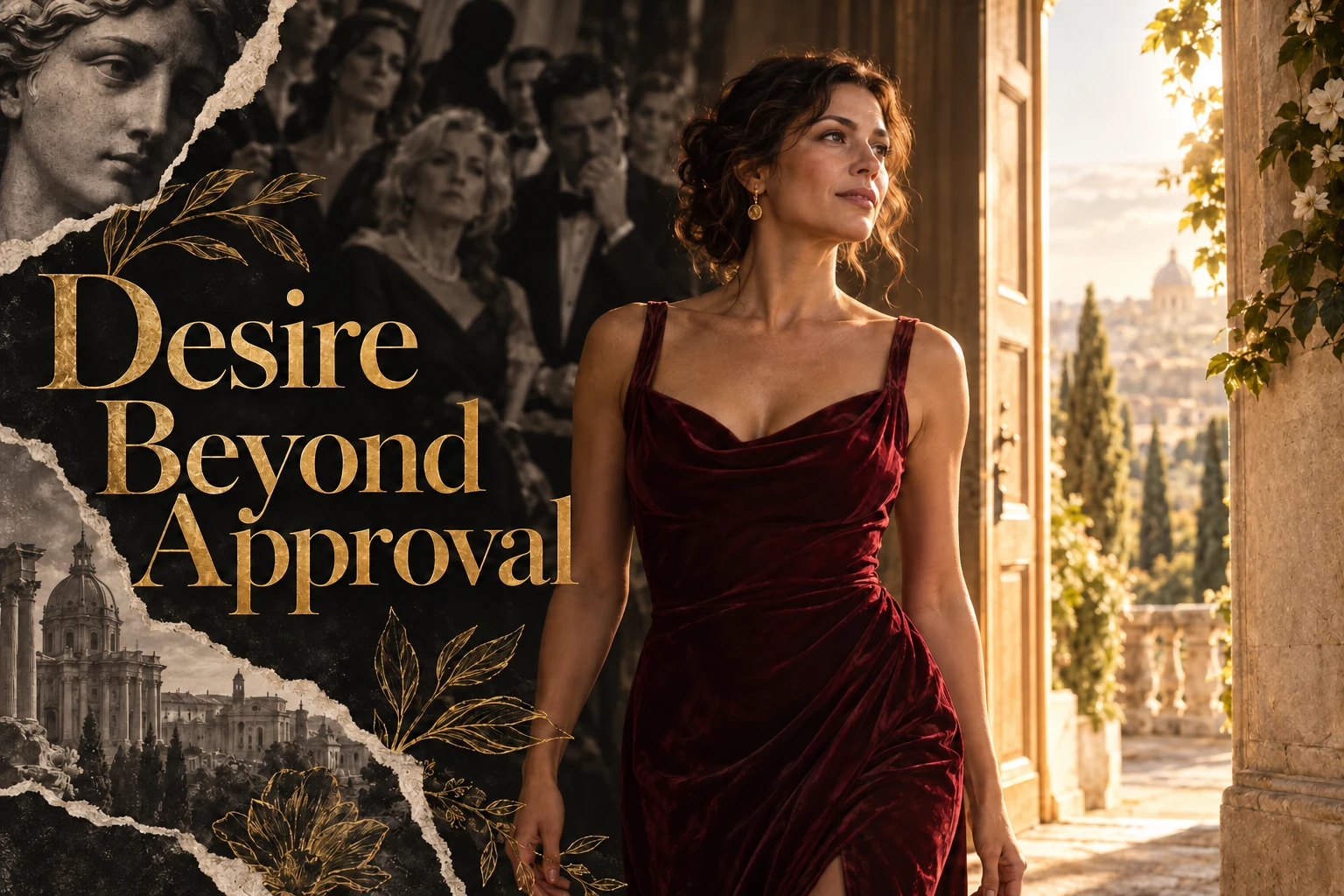 An adult woman in a burgundy dress considers an open doorway. Gold title: Desire Beyond Approval.
