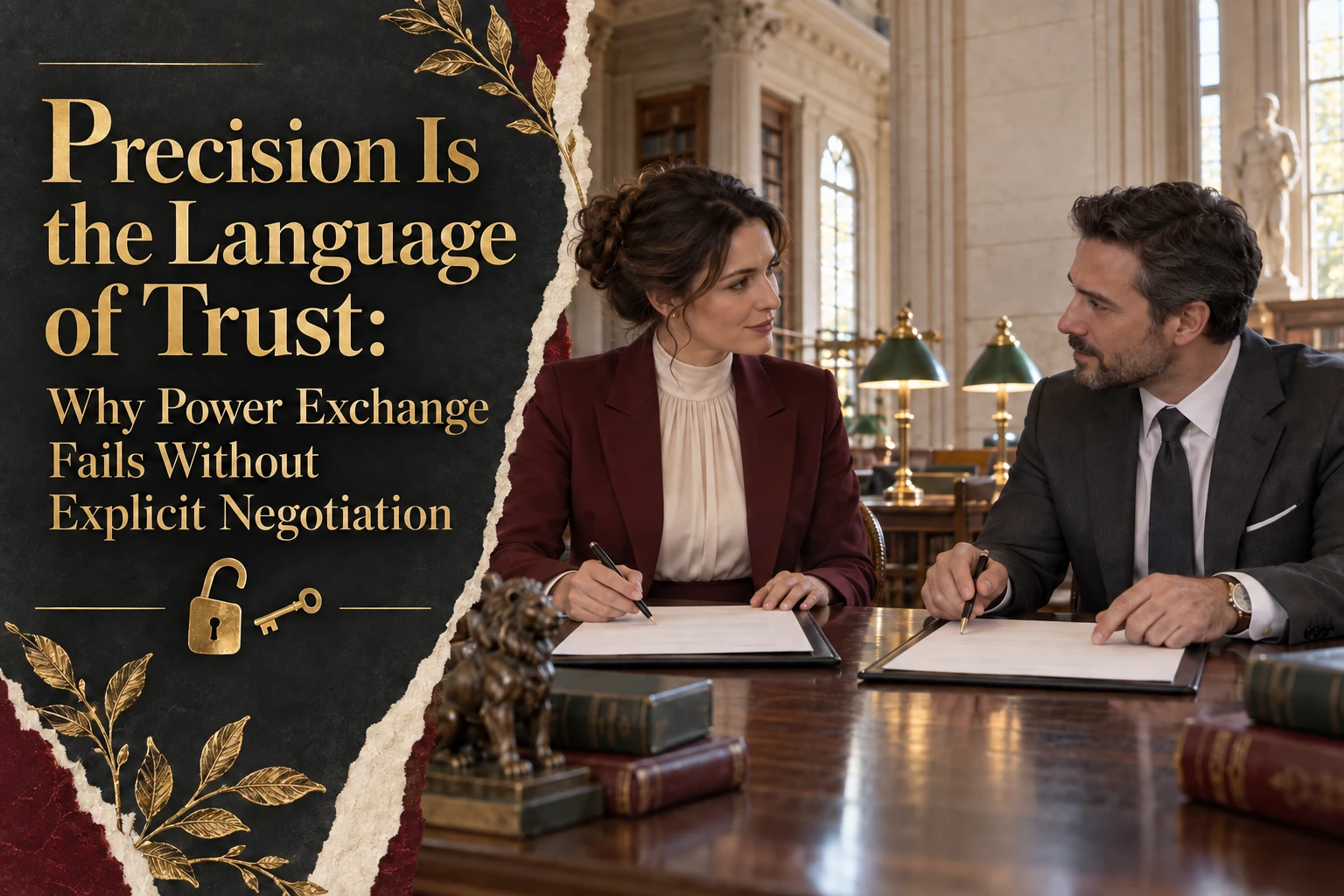 Two adults discuss separate planning pages, with an open lock and key motif. Gold title: Precision Is the Language of Trust: Why Power Exchange Fails Without Explicit Negotiation.