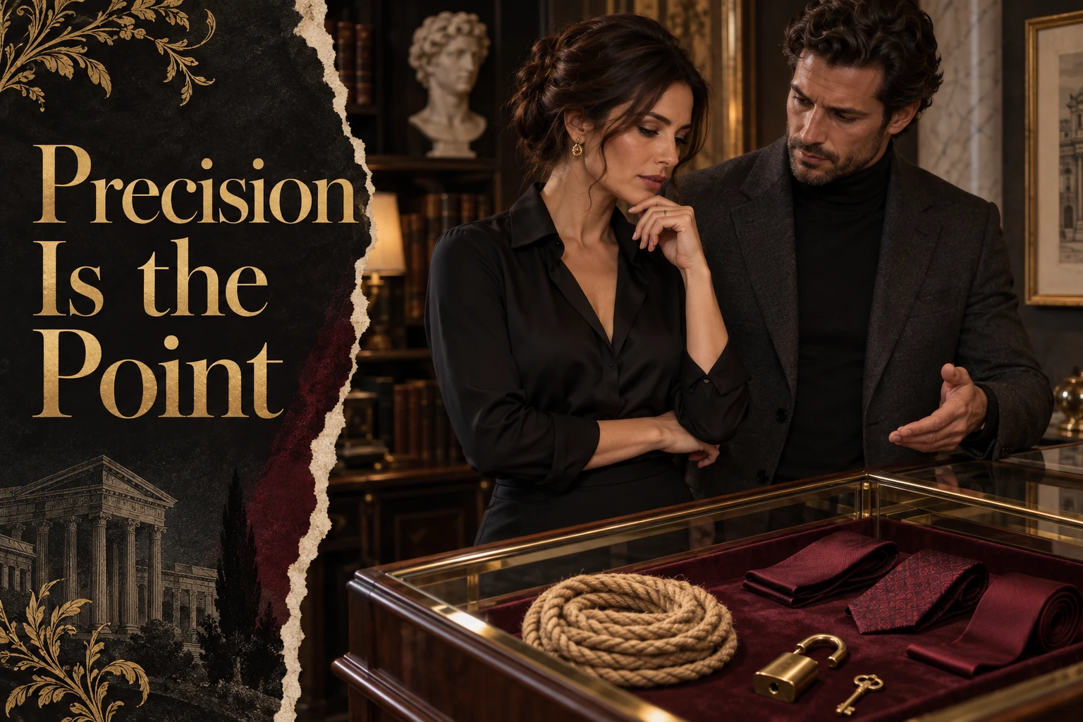 A woman and man discuss unused coiled rope, folded silk ties, an open lock and key in a display case. Gold title: Precision Is the Point.