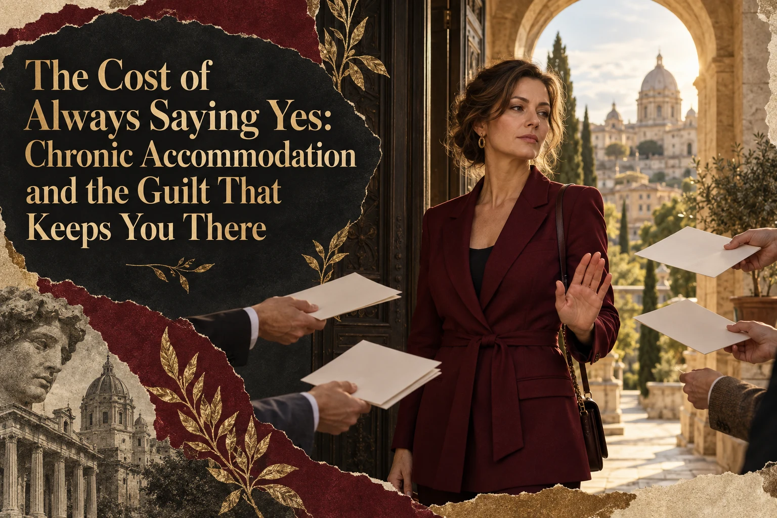 A woman calmly declines several offered invitations beside an open doorway. Gold title: The Cost of Always Saying Yes: Chronic Accommodation and the Guilt That Keeps You There.