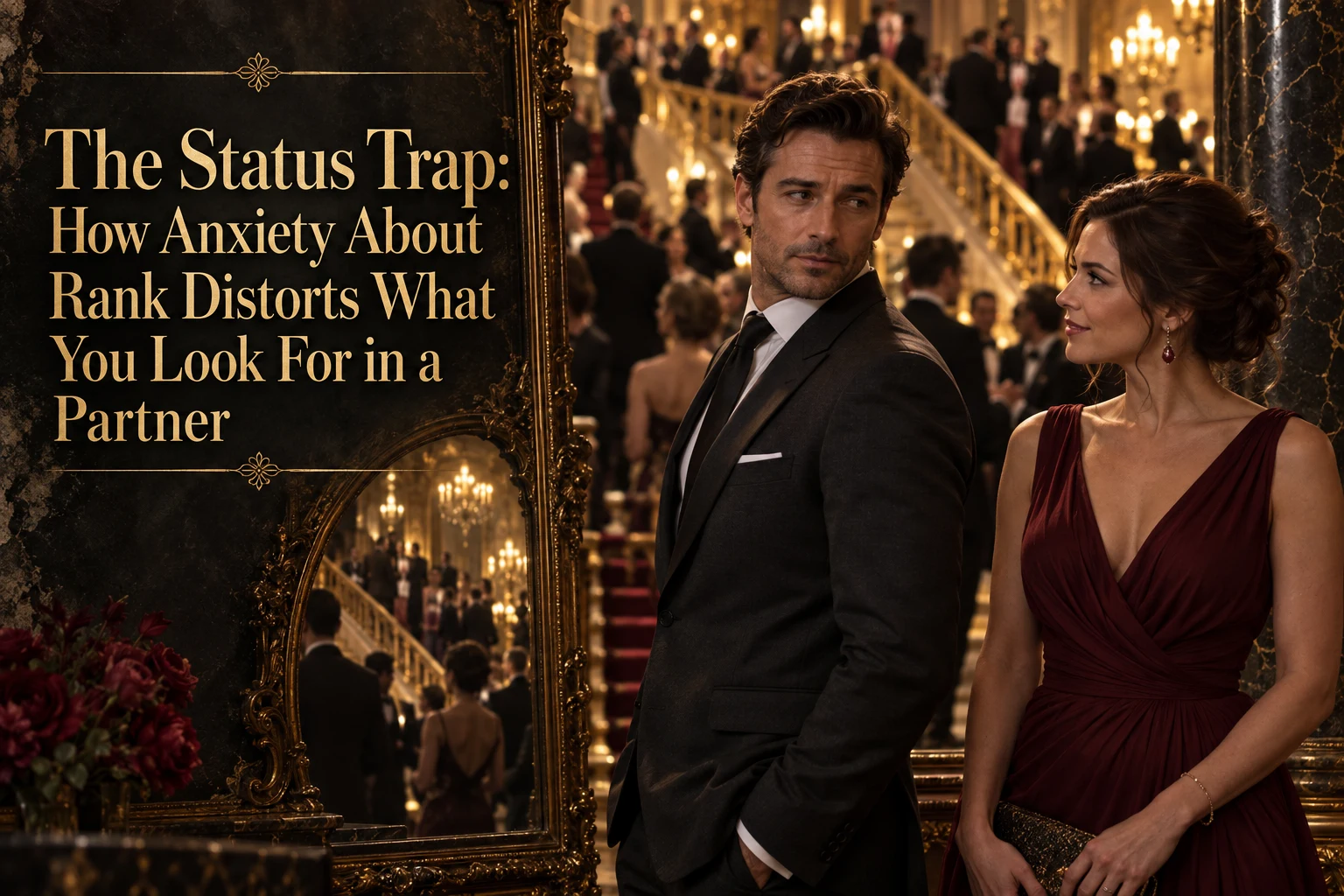 A man turns toward a woman beside him with a gala audience and staircase behind them. Gold title: The Status Trap: How Anxiety About Rank Distorts What You Look For in a Partner.