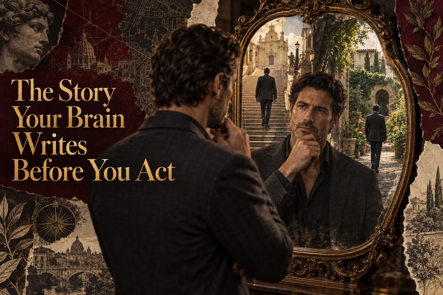 A man looks into a mirror containing two possible paths through a classical city. Gold title: The Story Your Brain Writes Before You Act.