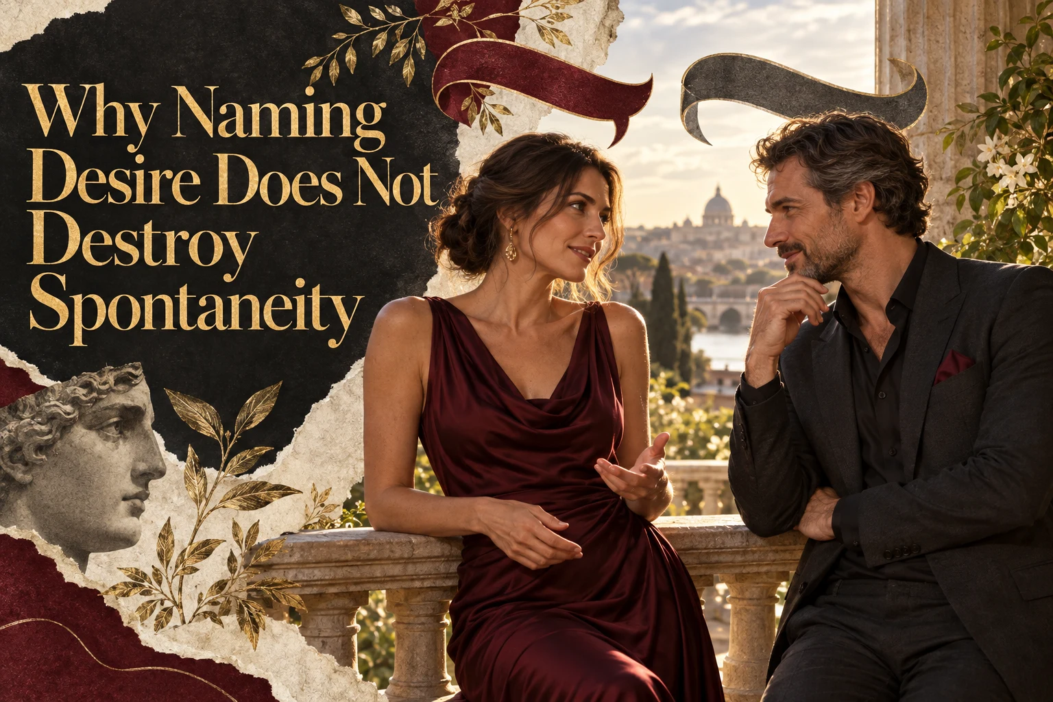 A woman and man exchange an attentive look during a conversation on a balcony. Gold title: Why Naming Desire Does Not Destroy Spontaneity.