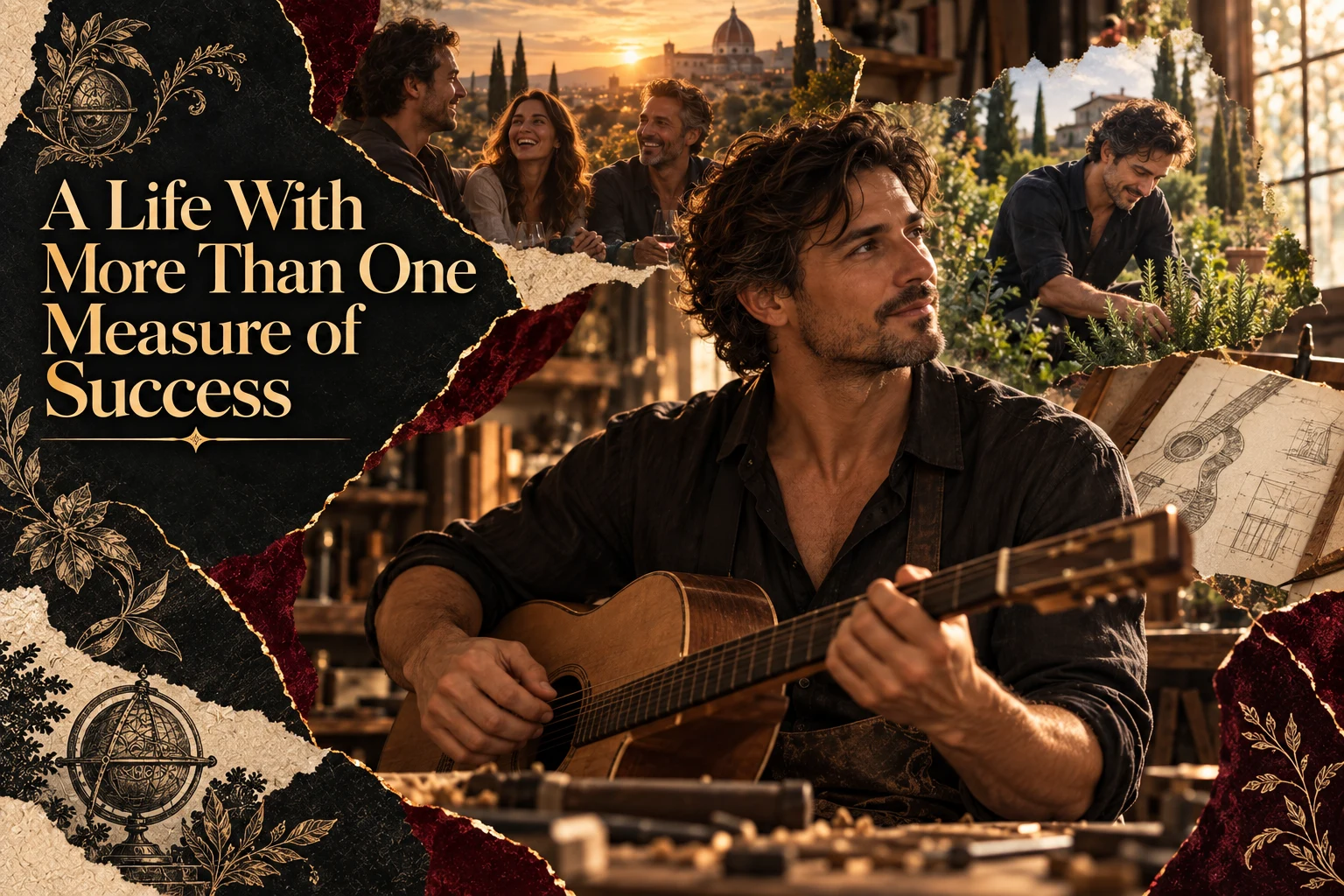 A man holds a guitar amid layered scenes of friendship, gardening and creative work. Photographic collage with the full article title.
