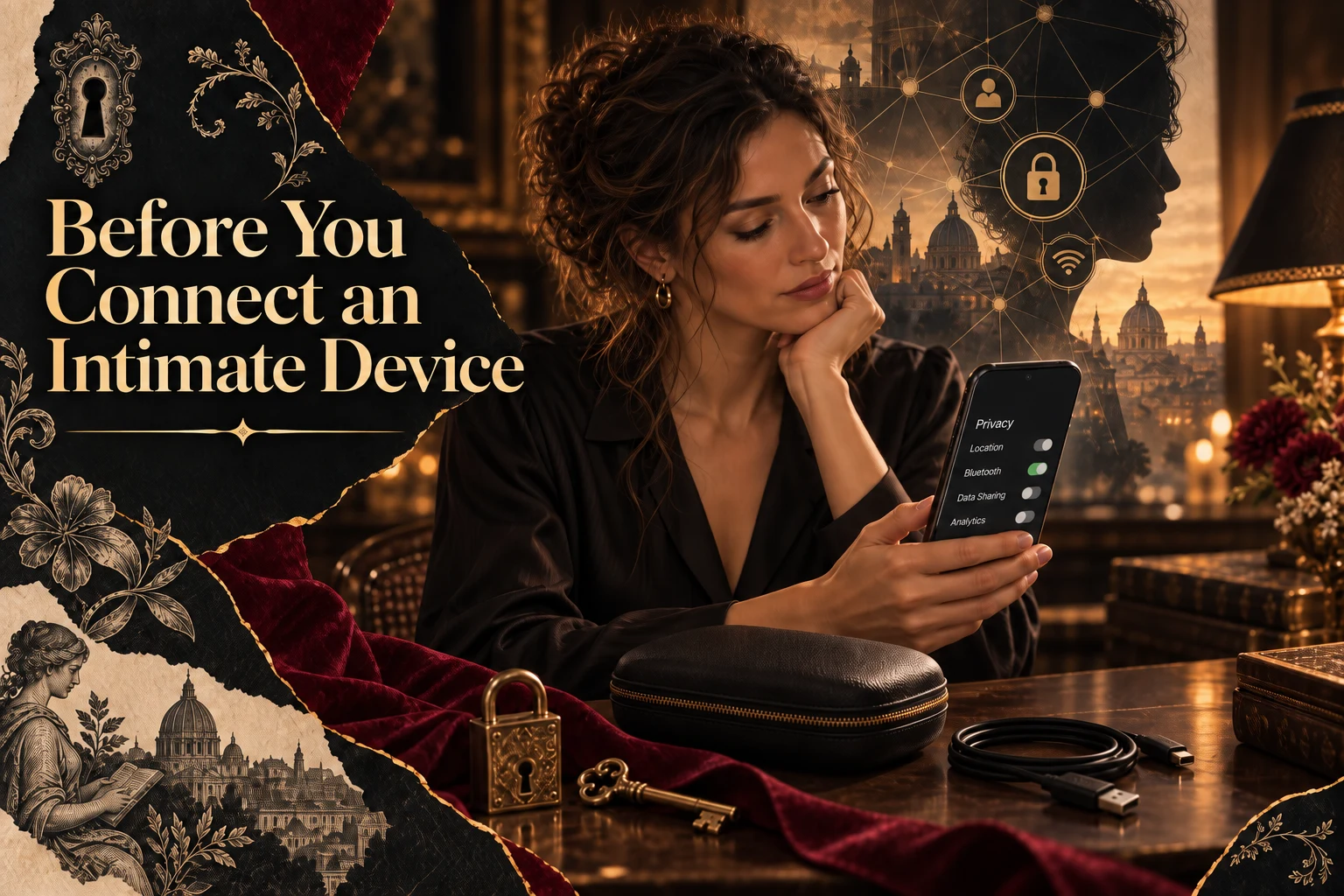 A woman reviews phone privacy settings beside a discreet case, cable, lock and key. Photographic collage with the full article title.