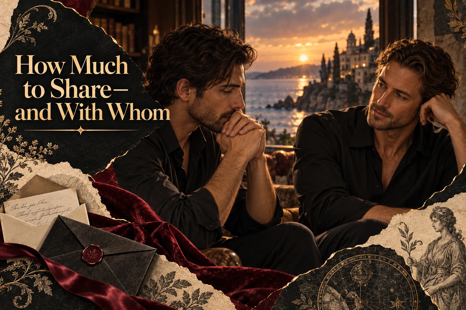 Two men talk by a coastal window, with open and closed envelopes in the collage. Photographic collage with the full article title.