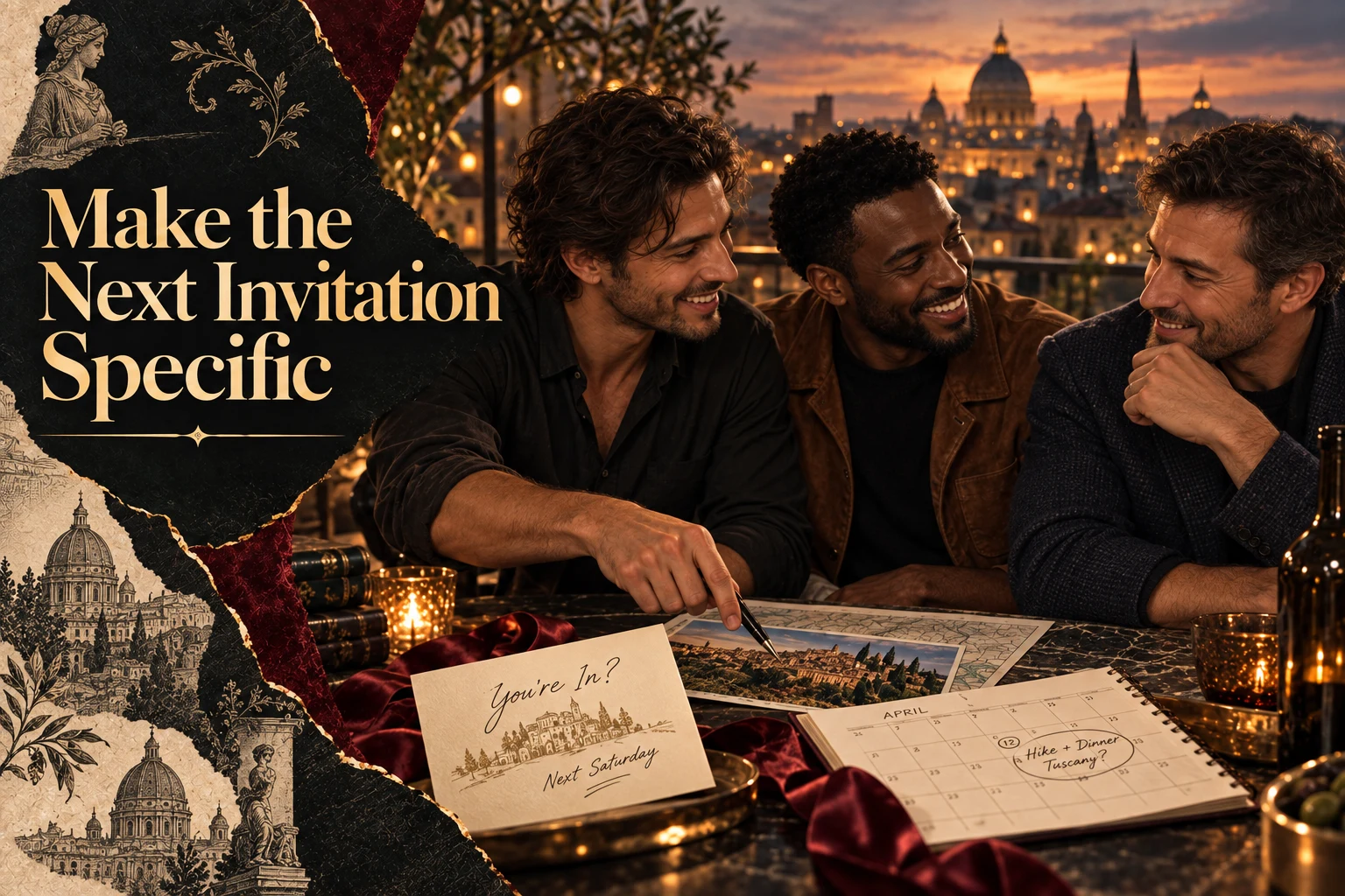 Three male friends plan an outing on a rooftop beside an invitation and calendar. Photographic collage with the full article title.