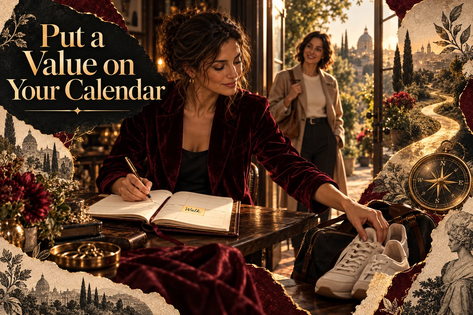 A woman marks time in a planner and prepares to join a friend outdoors. Photographic collage with the full article title.
