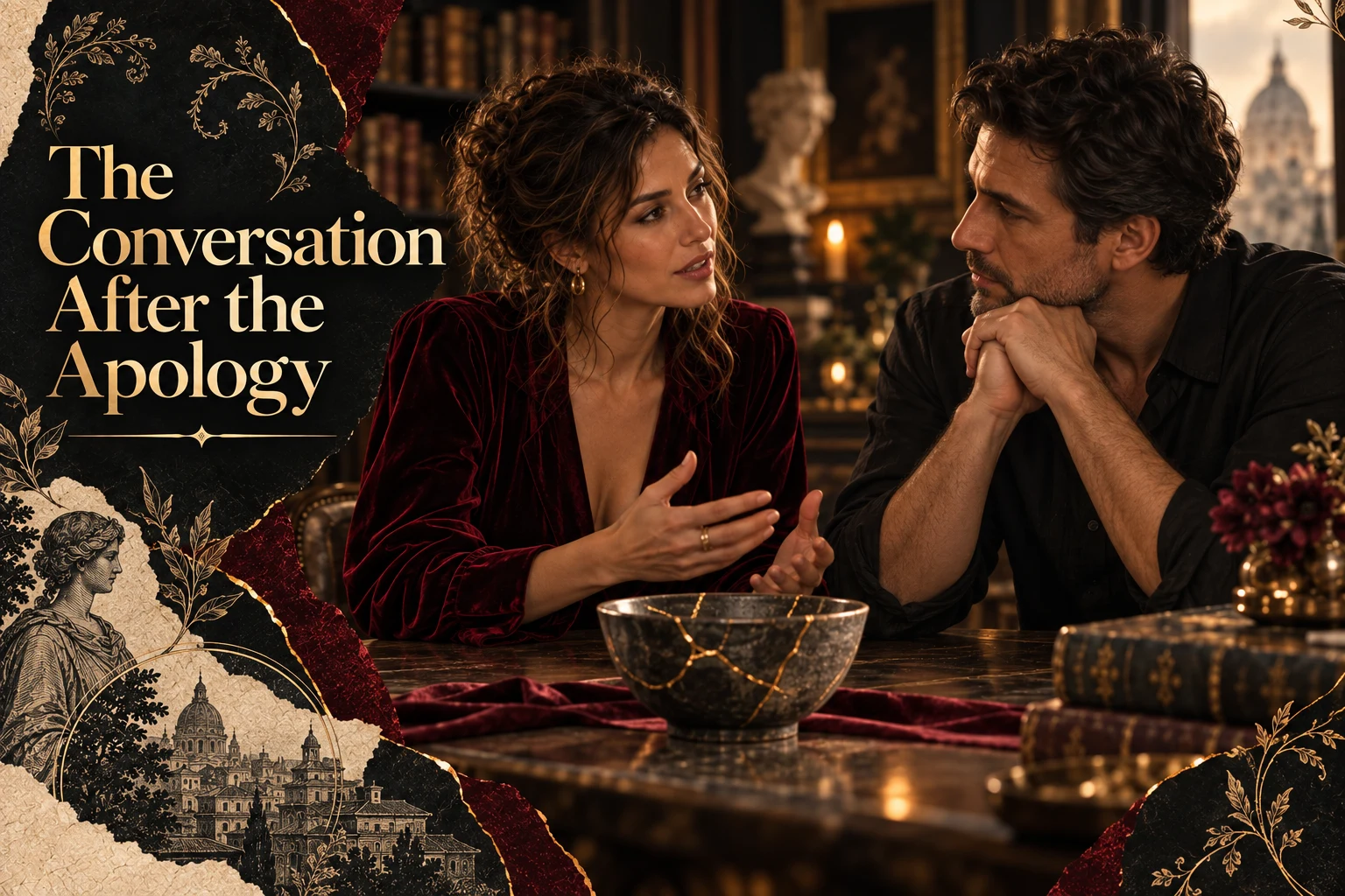 A woman speaks and a man listens beside a bowl repaired with gold seams. Photographic collage with the full article title.